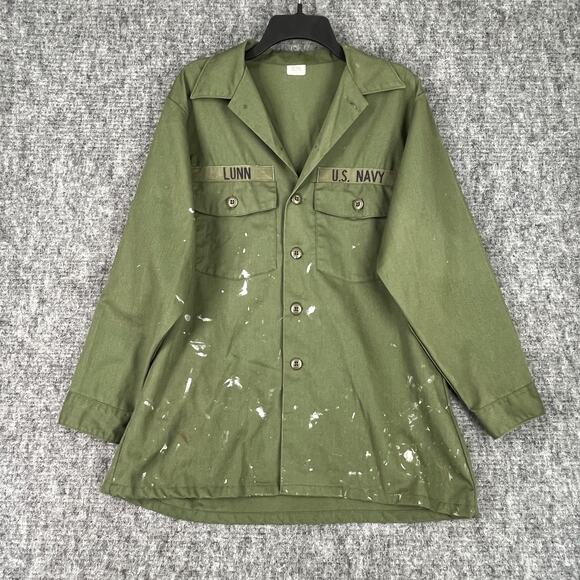 Shirt‎ Mens 16 Large Green Vintage Military Uniform Veteran Navy USA Longsleeve - Picture 1 of 8
